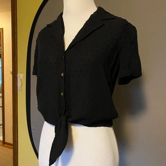 Black Polka Dot Crop Blouse with Black Tie Front and Buttons Size XS - Picture 4 of 11